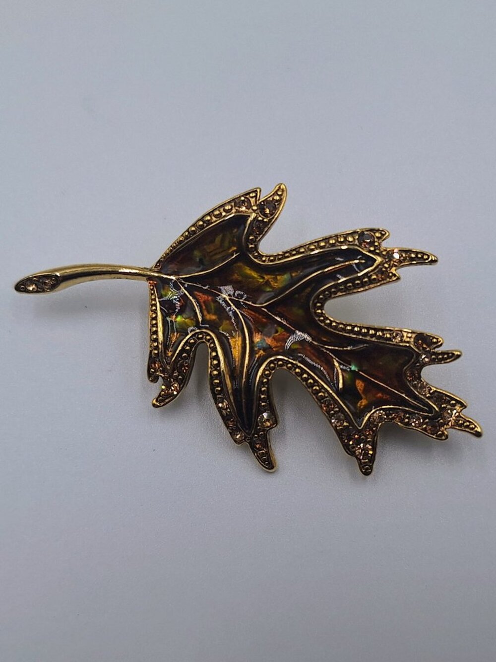 Lauren Conrad Leaf Brooch Pin Gold Rust Green Rhinestones Enamel Autumn Fall